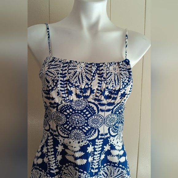 Alyn Paige Sun Dress Sz Small Boutique Blue White Floral Spaghetti Straps Retro - Picture 6 of 9